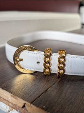 Paloma Picasso Vintage 1980s White Leather Belt with Gold Buckle + Chain Loops